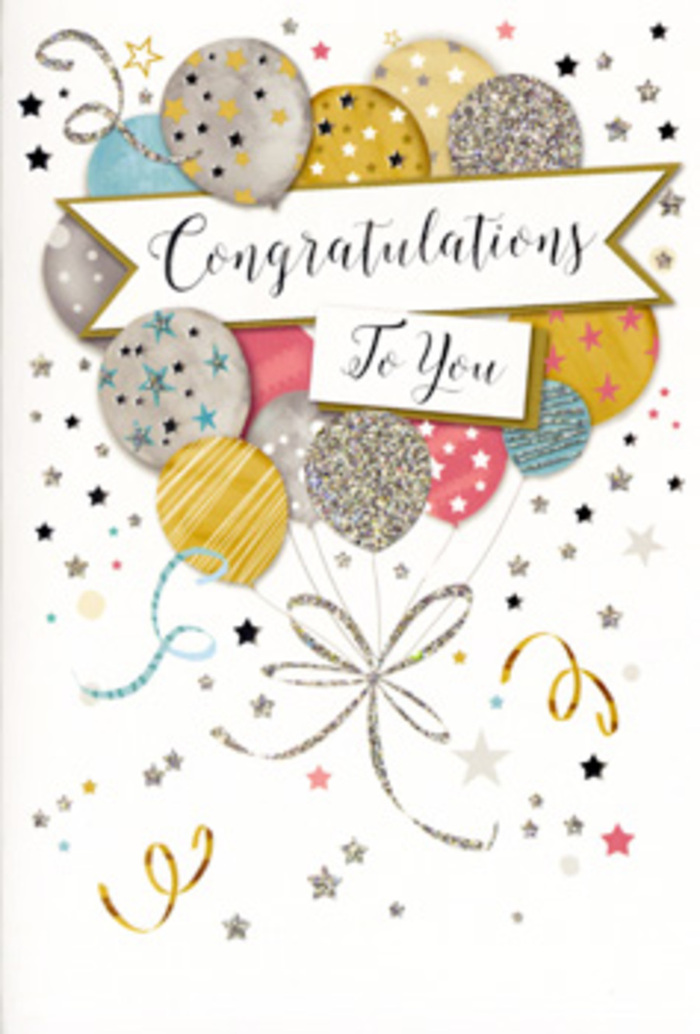 The photograph captures a sophisticated congratulations card that radiates the same gentle happiness you might feel walking through Chesham on a bright, hopeful morning. The design centres around a flowing banner, gently curved as though drifting in a light breeze, bearing the message Congratulations To You in stylish, looping calligraphy. The lettering itself gleams with a metallic sheen, suggesting the slight texture of embossed ink that would catch the light when the card is tilted in your hand. Behind and around the banner rises an arrangement of balloons, composed with the care of an experienced florist crafting a statement bouquet. Each balloon differs slightly in size and decoration, yet all share a harmonious palette of champagne gold, muted silver, soft blue, dusky pink, and cool grey. Some are patterned with tiny scattered stars, others with fine stripes or delicate clusters of glitter-like specks, giving the illusion of depth and a faint sparkle, as though lit by soft indoor light on a celebration evening at home. Slender metallic ribbons fall from the balloon bases, curling and looping with an effortless grace that echoes the natural curve of curling ribbon used to finish a flower arrangement. Around the edges of the card, tiny metallic stars, confetti dots, and whimsical swirls scatter across a pale background, suggesting the joyful chaos of party decorations after a toast. The whole composition feels both timeless and modern, suitable for marking important milestones such as promotions, exam results, or new beginnings in and around Chesham. It is a card that pairs beautifully with fresh flowers, adding a touch of glamour and heartfelt pride to any local celebration.