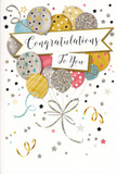 This congratulations card is portrayed like a little celebration frozen on paper, much like the warm gatherings that follow good news in Chesham's cosy cafés. The eye is first drawn to a graceful banner stretching across the centre, carrying the phrase Congratulations To You in refined, flowing script that shimmers in metallic tones, evoking the look of carefully penned calligraphy. Behind the banner, a cluster of balloons appears to float upward, arranged with the same sense of balance and proportion that a florist uses when designing a joyful bouquet. The balloons glow in coordinated shades of soft gold, silvery grey, champagne, airy blue, blush pink, and gentle dove grey, each decorated with subtle star motifs, slim stripes, and sparkling flecks that hint at a tactile, glittery surface. Fine ribbons trail from beneath them, curling in looping, metallic strands of gold and silver that snake down the card like party streamers drifting to the floor after a toast. The background is a light, neutral wash, scattered with tiny metallic stars, confetti dots, and swirling lines, suggesting movement and giving the impression of a sky filled with celebratory sparkle over a quiet Chesham evening. The lighting appears soft and even, allowing each colour and metallic detail to stand out without harshness, giving the entire design a sense of polished warmth. It is the kind of card you might tuck beside a vase of congratulatory flowers-perfect for graduations, new jobs, or special milestones-when you want to share genuine pride and happiness in a way that feels both festive and beautifully understated.